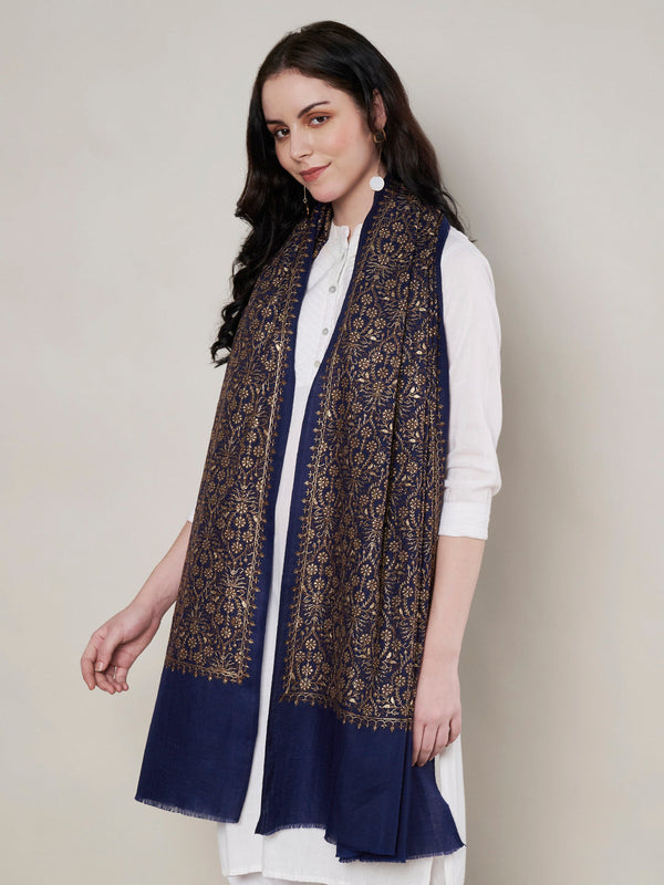 Woolen Women Shawl in Blue with All-Over Floral Jaal Weave (80 x 40 Inches)