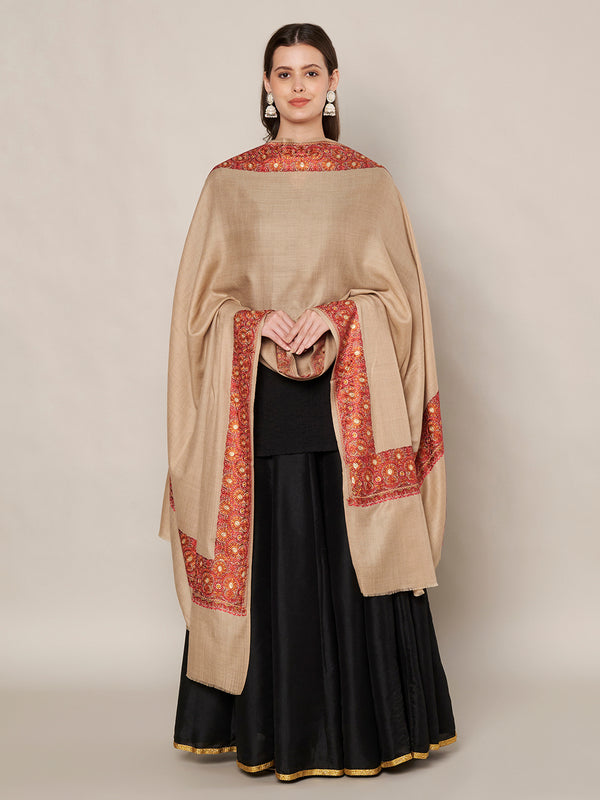 Brown Woolen Women Shawl with Traditional Embroidered Border (80 x 40 Inches)
