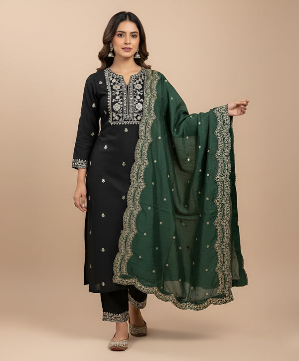 Bottle Green Chinon Dupatta with Scalloped Embroidered Border & Sequin Motifs (Size: 2.5x1 m Approx)