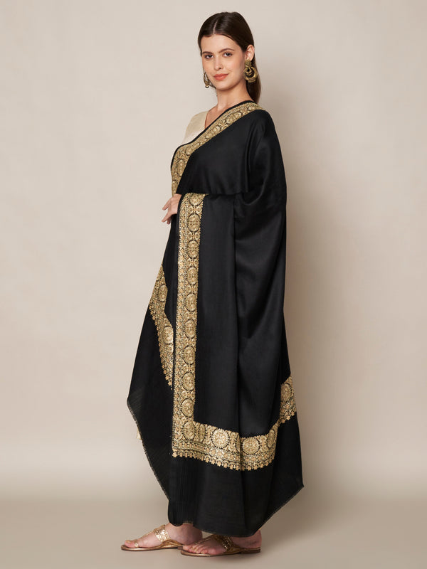 Black Woolen Women Shawl with Gold Border – 80x40 Inches