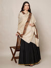 Woolen Women Shawl in Beige with Embroidered Traditional Border (80 x 40 Inches)