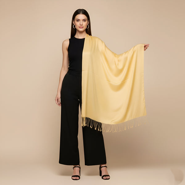 Solid Viscose Golden Women Stole with Soft Drape & Fringed Finish | Lightweight Everyday Wrap (80 × 28 Inches)