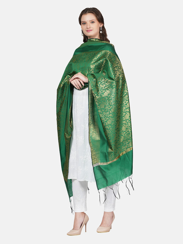 Green Banarasi Silk Dupatta with All-Over Woven Floral Motifs & Rich Zari Border (Size: 2.5x1 m Approx)