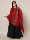 Woolen Women Shawl in Deep Maroon with Embroidered Traditional Border (80 x 40 Inches)