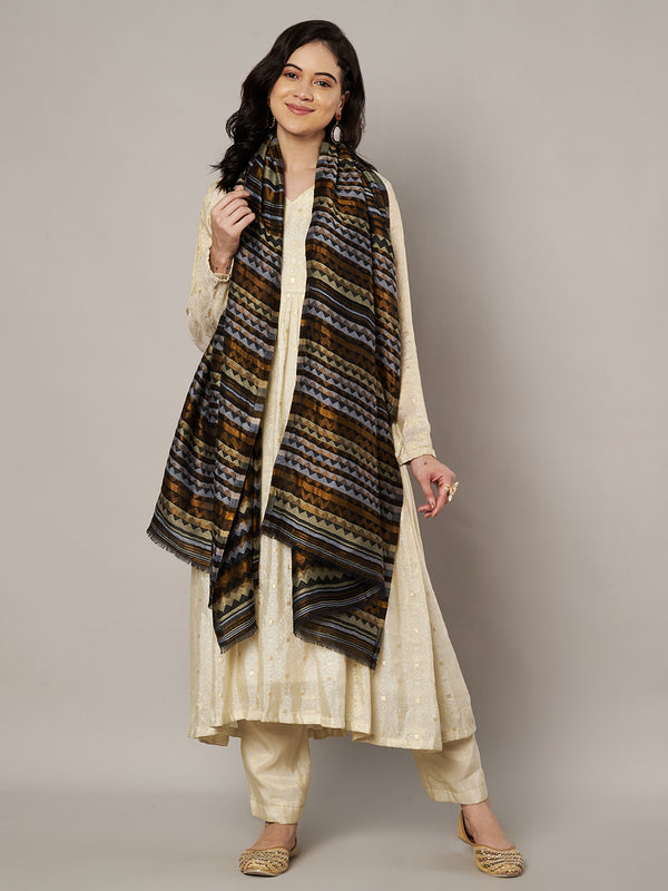 Woolen Zig-Zag Moonlight Zari Women Stole | Traditional Winter Wrap (80 x 28 Inches)