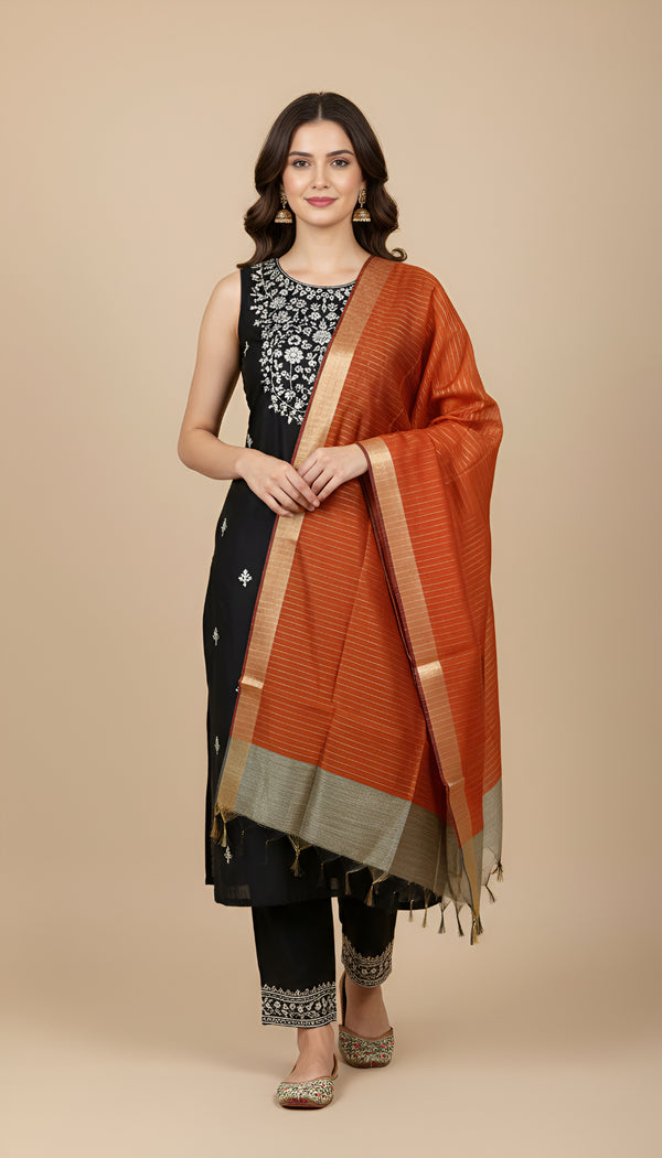 Orange Striped Silk Dupatta with Zari Border | Elegant Ethnic Drape (2.5 Metres Approx.)