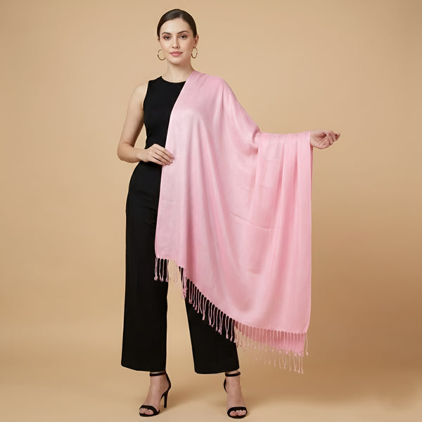 Solid Viscose Pink Women Stole with Soft Drape & Fringed Finish | Lightweight Everyday Wrap (80 × 28 Inches)