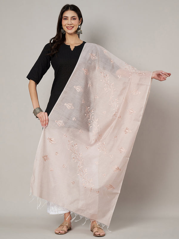 Pink Chanderi Cotton Dupatta with Subtle Floral Embroidery (Size: 2.5x1 m Approx)