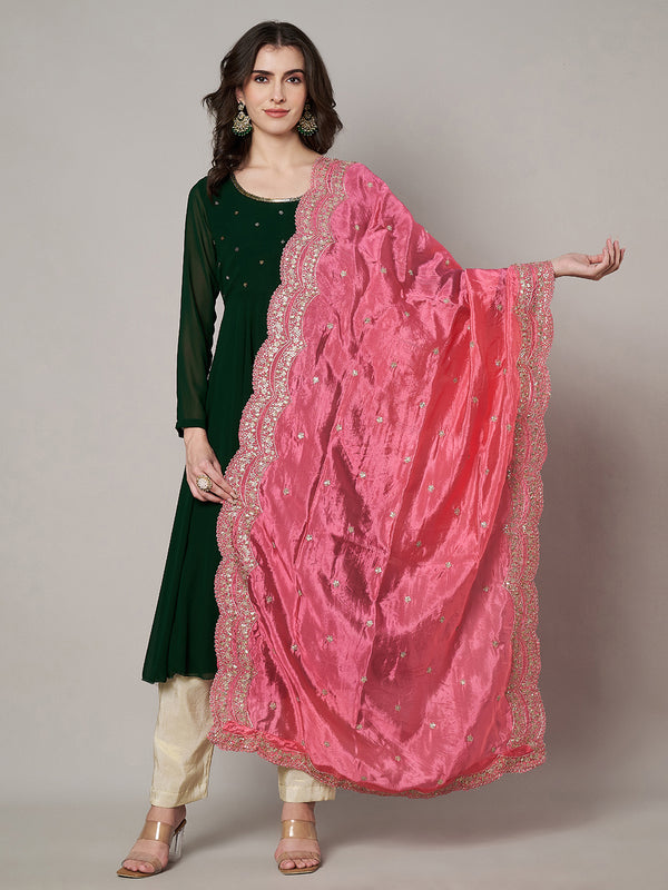 Pink Chinon Dupatta with Scalloped Embroidered Border & Sequin Motifs (Size: 2.5x1 m Approx)