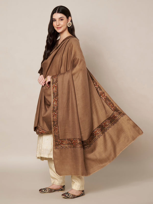Woolen Women Shawl in Brown with Embroidered Traditional Border (80 x 40 Inches)