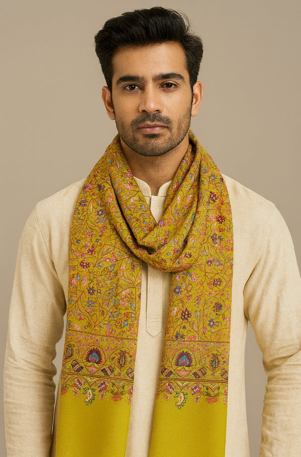 Bamboo Silk Mustard Kashmiri Mens Stole with Classic Paisley Weave | Elegant Ethnic Accessory | 80×28 Inches