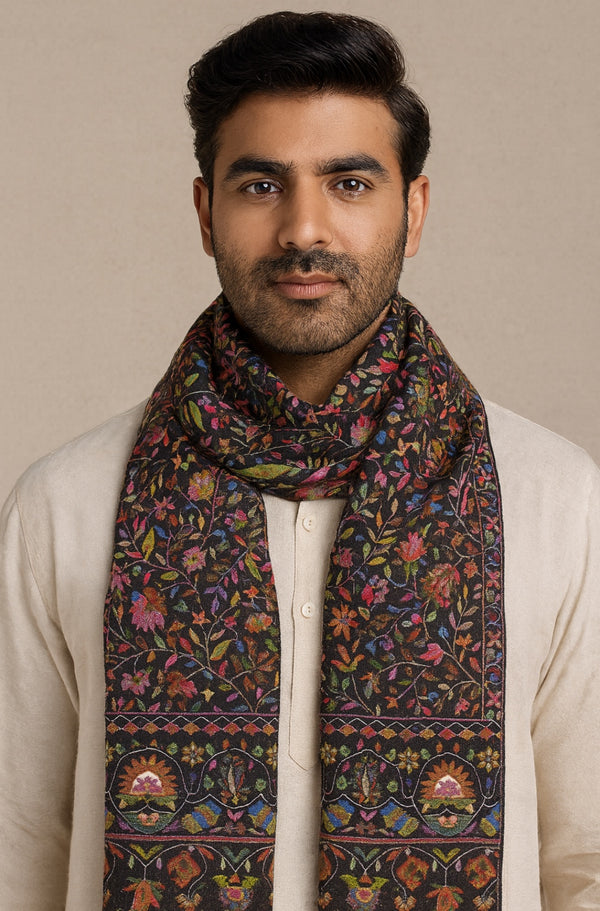 Bamboo Silk Black Kashmiri Mens Stole with Classic Paisley Weave | Elegant Ethnic Accessory | 80×28 Inches