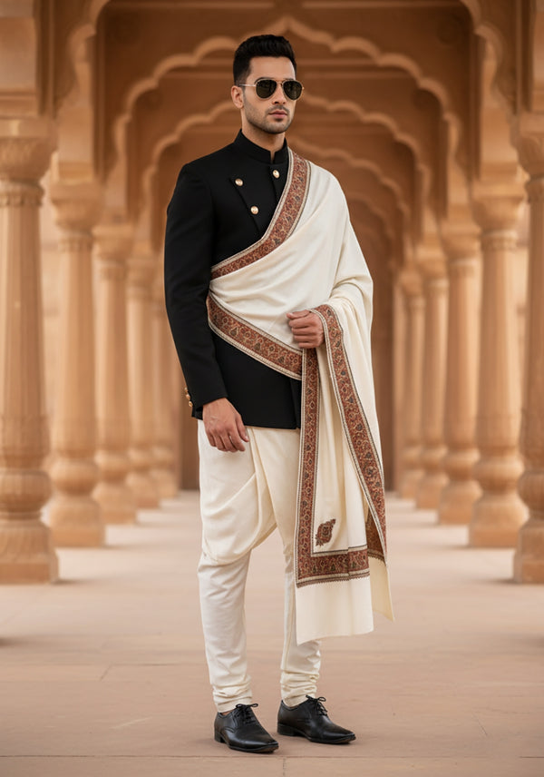 Ivory Woolen Mens Shawl with Intricate Embroidered Detailing – Heritage Wrap (80 x 40 Inches)