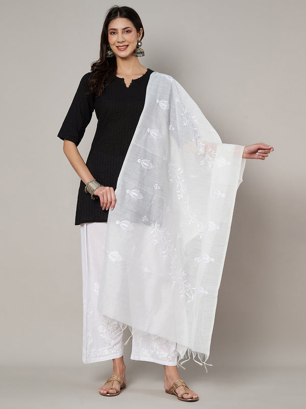 White Chanderi Cotton Dupatta with Subtle Floral Embroidery (Size: 2.5x1 m Approx)