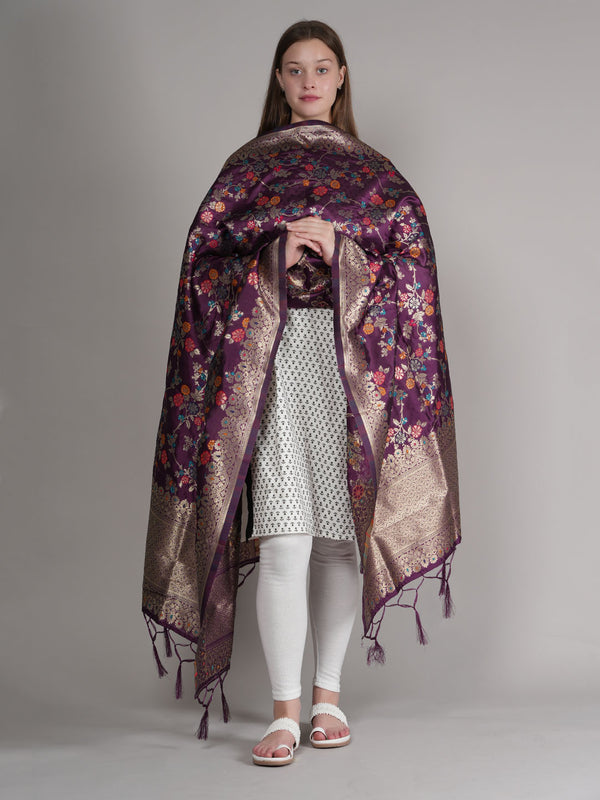 Purple Paithani Silk Dupatta with Multicolour Floral Zari Weave (Size: 2.5x1 m Approx)