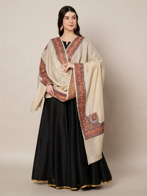 Woolen Women Shawl in Beige with Multicolour Kashmiri-Inspired Embroidered Border (80 x 40 Inches)
