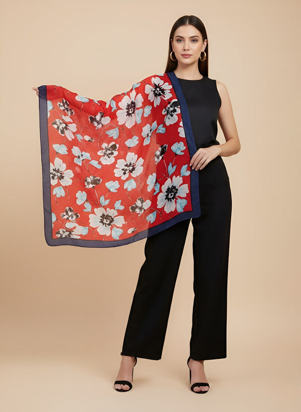 Printed Silk Women Stole with Artistic Motif Design | Elegant Lightweight Wrap (80 × 28 Inches)