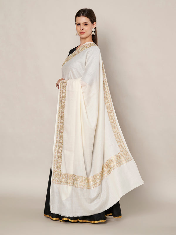 White Woolen Women Shawl with Gold Border – 80x40 Inches