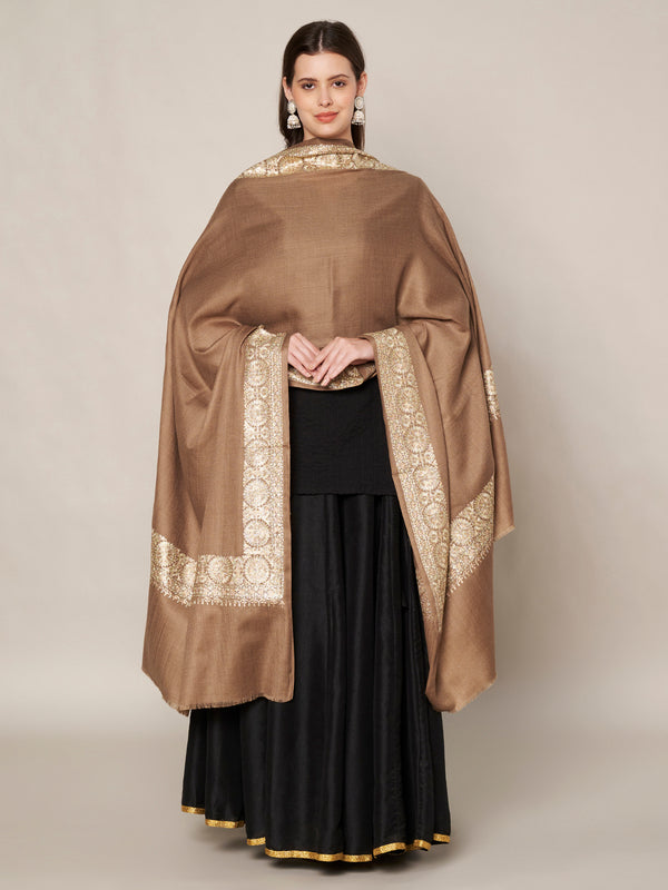 Brown Woolen Women Shawl with Gold Border – 80x40 Inches