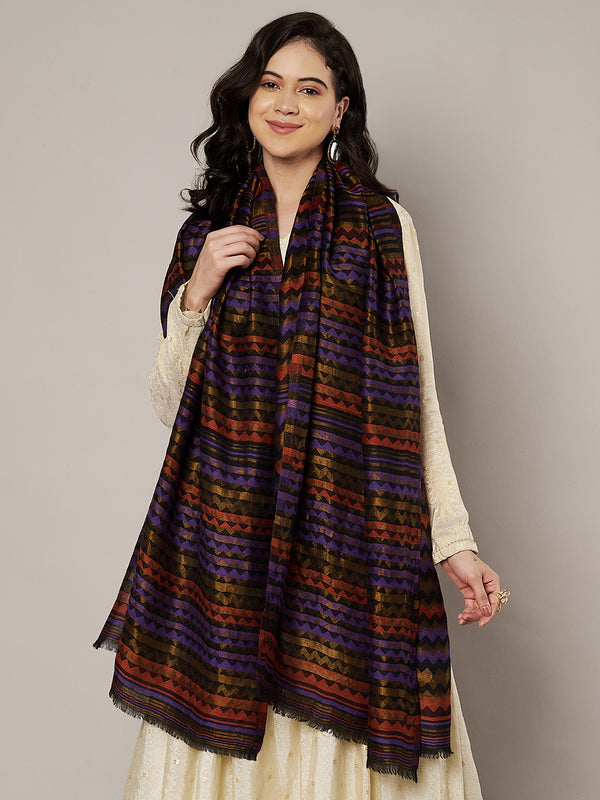 Woolen Zig-Zag Moonlight Zari Women Stole | Traditional Winter Wrap (80 x 28 Inches)
