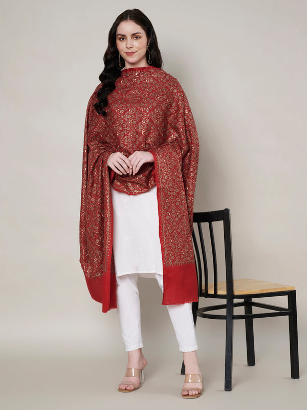 Woolen Women Shawl in Maroon with All-Over Floral Jaal Weave (80 x 40 Inches)