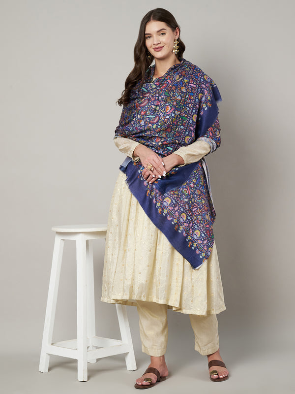 Printed Bamboo Silk Women Shawl – Blue Floral Statement Wrap (80 x 40 Inches)