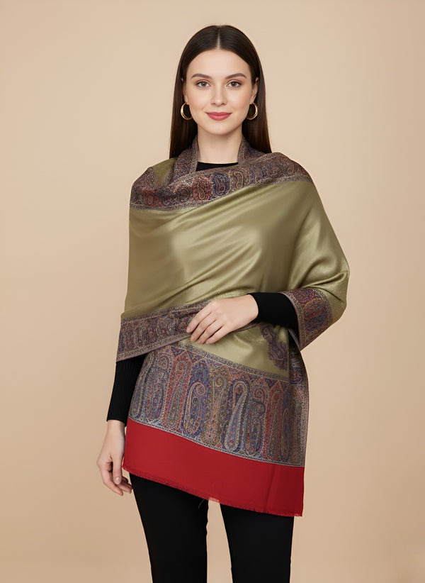 Bamboo Silk Gold Women Shawl with Intricate Paisley Border | Elegant Heritage Wrap (80 × 40 Inches)