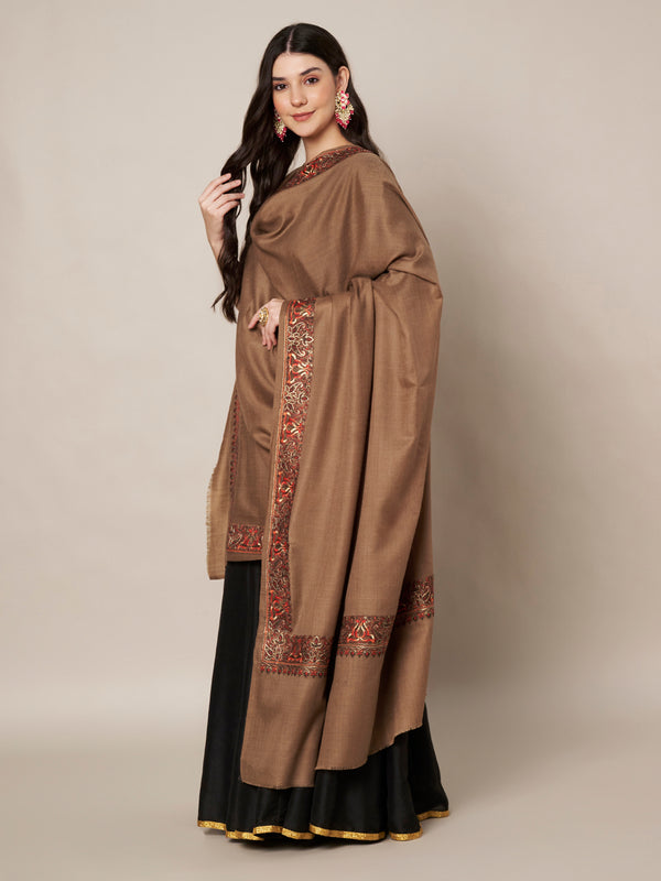 Brown Woolen Women Shawl with Traditional Multicolour Embroidered Border (80 x 40 Inches)