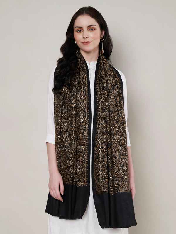 Woolen Women Shawl in Black with All-Over Floral Jaal Weave (80 x 40 Inches)