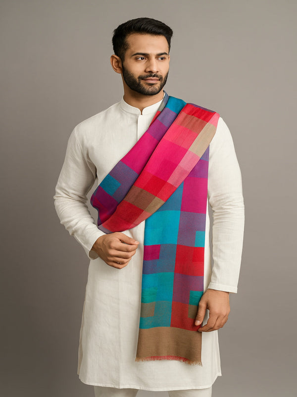 Bamboo Silk Mens Stole with Modern Checkered Pattern | Lightweight & Elegant | 80×28 Inches