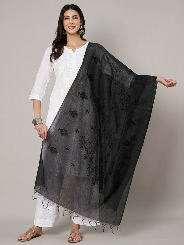 Black Chanderi Cotton Dupatta with Subtle Floral Embroidery (Size: 2.5x1 m Approx)