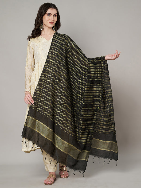 Black & Olive Cotton Dupatta with Subtle Striped Weave and Woven Border (Size: 2.5x1 m Approx)