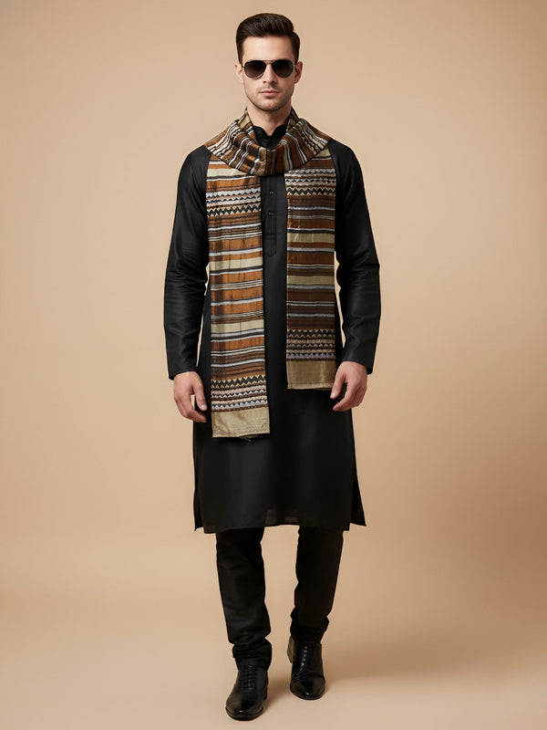 Woolen Zig-Zag Moonlight Zari Mens Stole | Heritage Wrap (80 x 28 Inches)