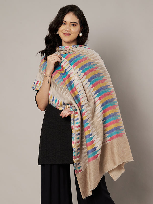 Woolen Women Stole with Ikat-Inspired Woven Motifs | Elegant Ethnic Wrap (80 × 28 Inches)