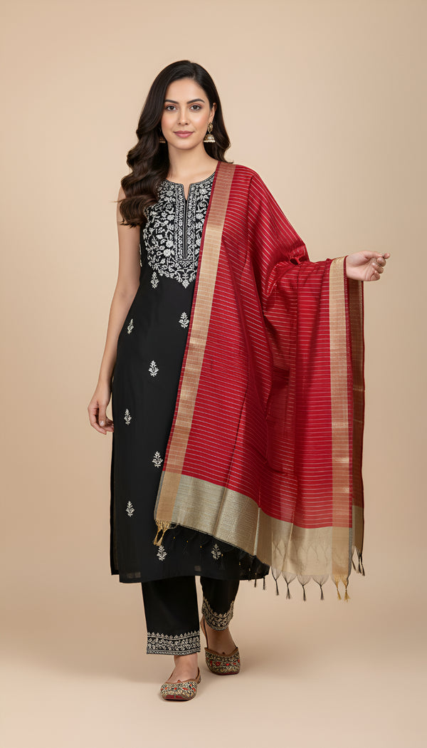 Red Striped Silk Dupatta with Zari Border | Elegant Ethnic Drape (2.5 Metres Approx.)