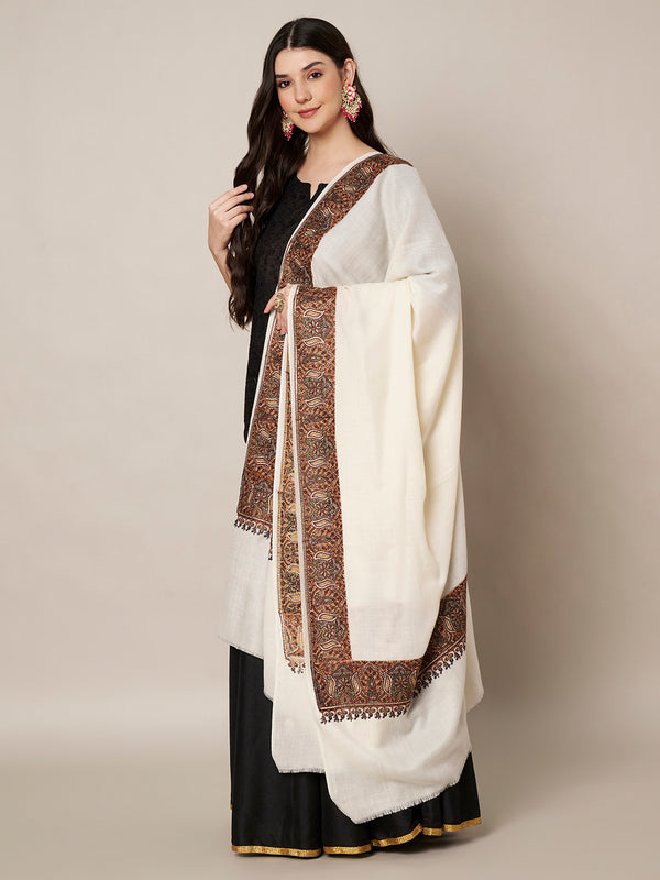 Woolen Women Shawl in Warm White with Intricate Traditional Embroidered Border (80 x 40 Inches)