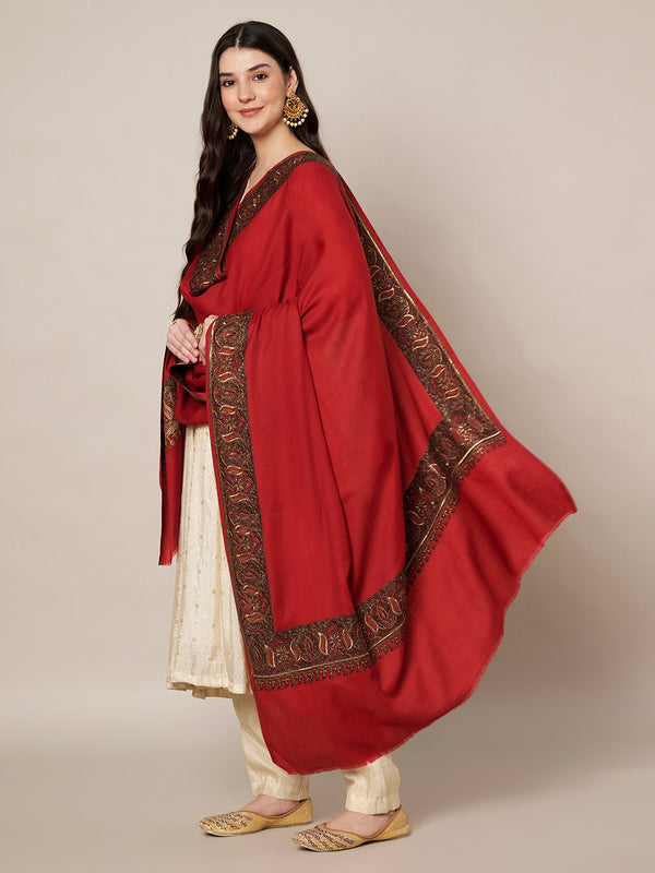 Woolen Women Shawl in Warm Red with Intricate Traditional Embroidered Border (80 x 40 Inches)