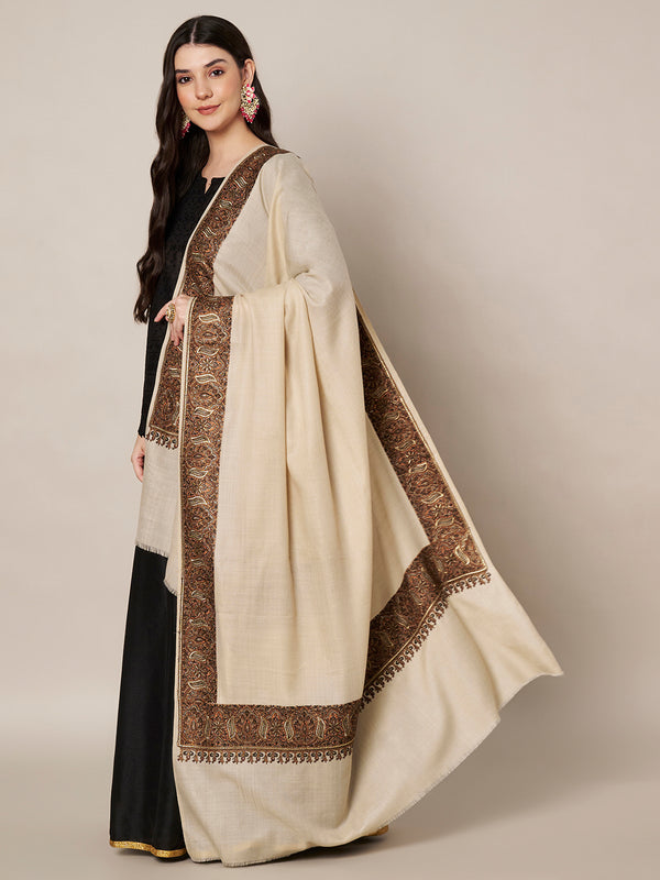 Woolen Women Shawl in Light Brown with Intricate Traditional Embroidered Border (80 x 40 Inches)