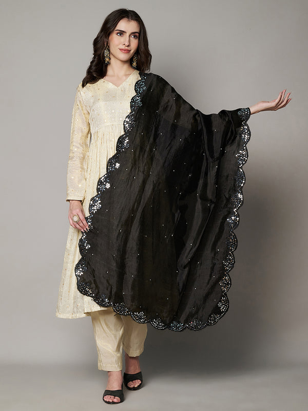 Black Silk Dupatta with Scalloped Cutwork Border & Sequin Highlights (Size: 2.5x1 m Approx)