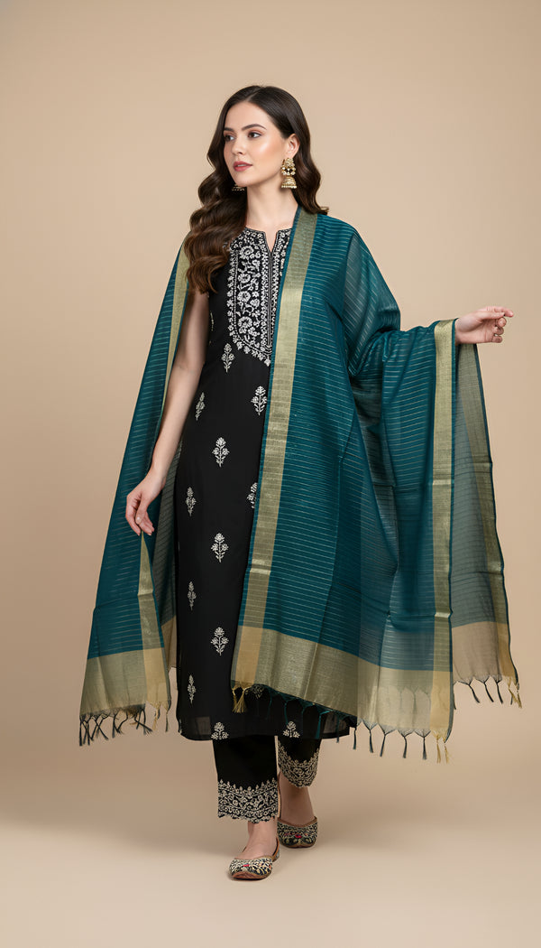 Teal Striped Silk Dupatta with Zari Border | Elegant Ethnic Drape (2.5 Metres Approx.)