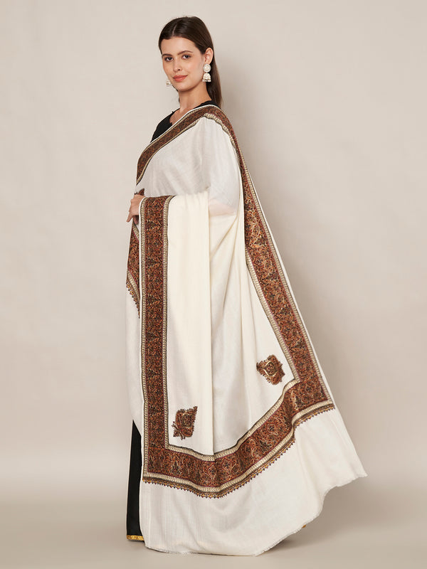 Ivory Woolen Women Shawl with Intricate Embroidered Detailing – Winter Wrap (80 x 40 Inches)