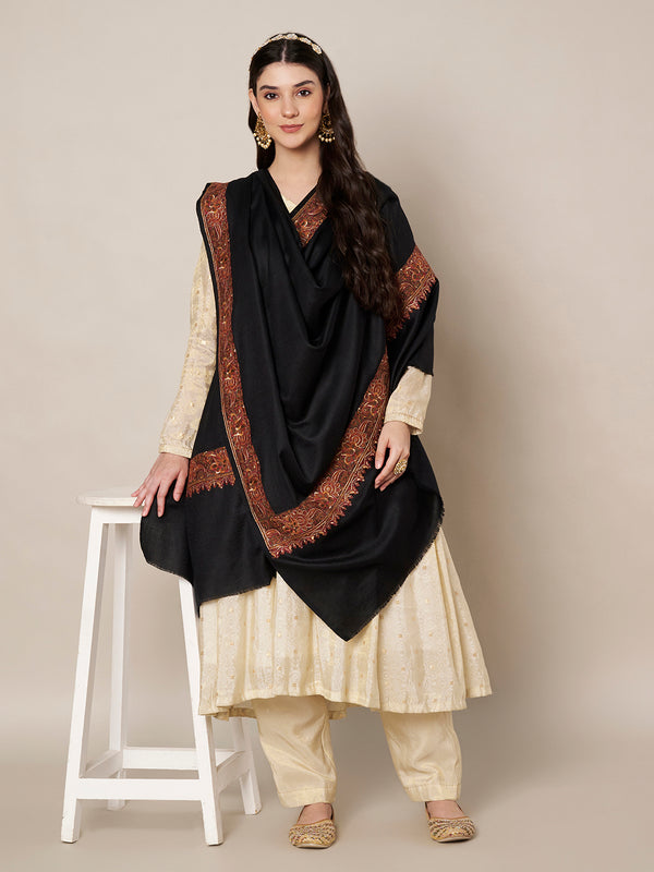 Woolen Women Shawl in Black with Embroidered Traditional Border (80 x 40 Inches)