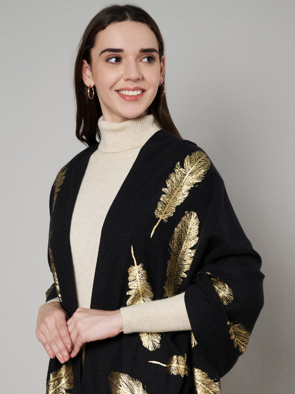 Wool Black Feather Motif Women Stole | Elegant Woven Wrap with Metallic Accents (80 × 28 Inches)