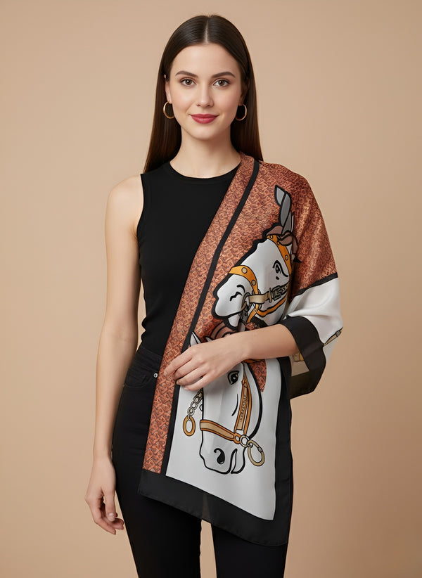 Printed Silk Women Stole with Artistic Motif Design | Elegant Lightweight Wrap (80 × 28 Inches)