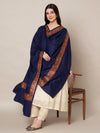 Blue Woolen Women Shawl with Traditional Multicolour Embroidered Border (80 x 40 Inches)