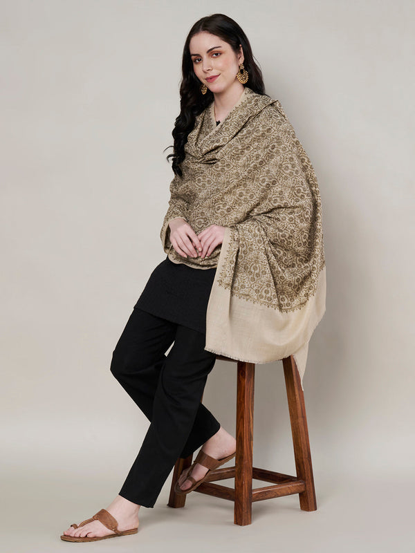 Woolen Women Shawl in Beige with All-Over Floral Jaal Weave (80 x 40 Inches)