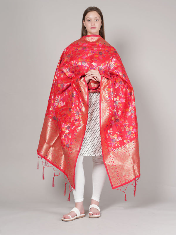 Red Paithani Silk Dupatta with Multicolour Floral Zari Weave (Size: 2.5x1 m Approx)
