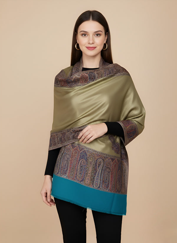 Bamboo Silk Gold Women Shawl with Intricate Paisley Border | Elegant Heritage Wrap (80 × 40 Inches)