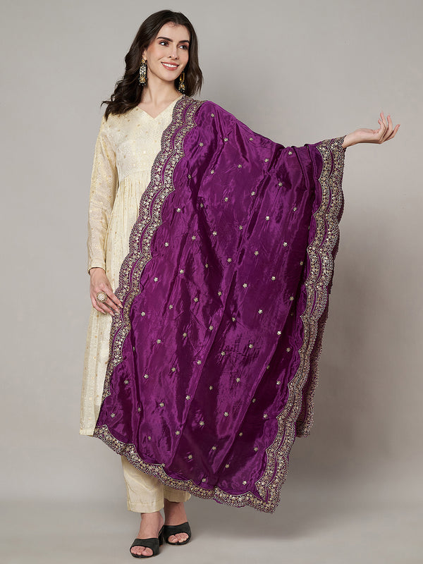 Purple Chinon Dupatta with Scalloped Embroidered Border & Sequin Motifs (Size: 2.5x1 m Approx)