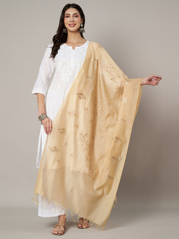 Beige Chanderi Cotton Dupatta with Subtle Floral Embroidery (Size: 2.5x1 m Approx)